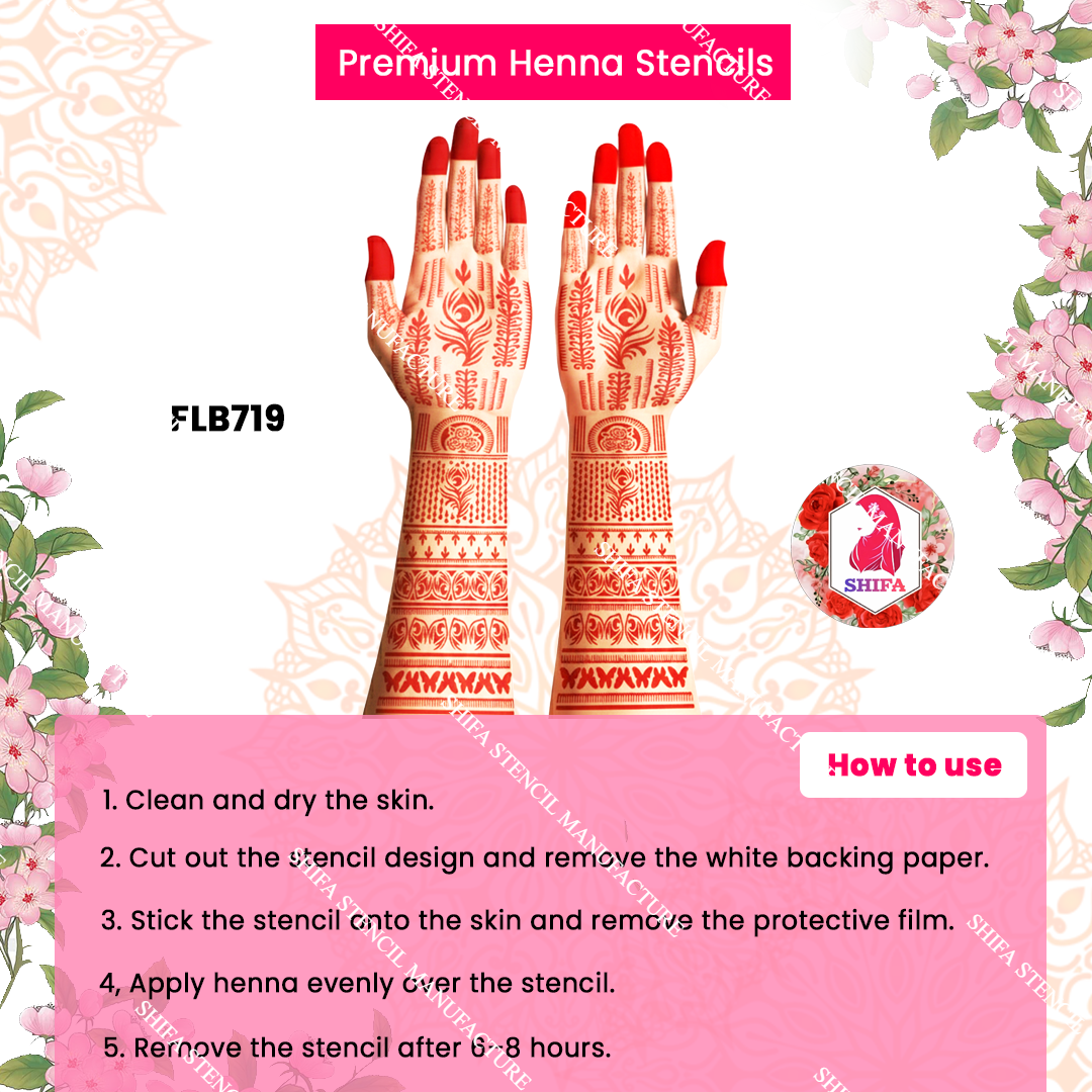 FLBS 719 Royal Peacock Floral Mehndi double hand Henna Stencil